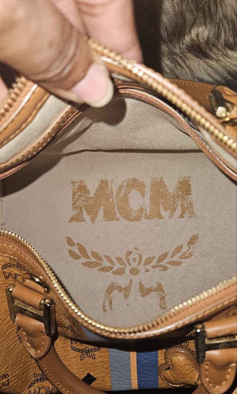MCM Cognac Visetos Boston Satchel with Blue Stripe - Picture 2 of 9